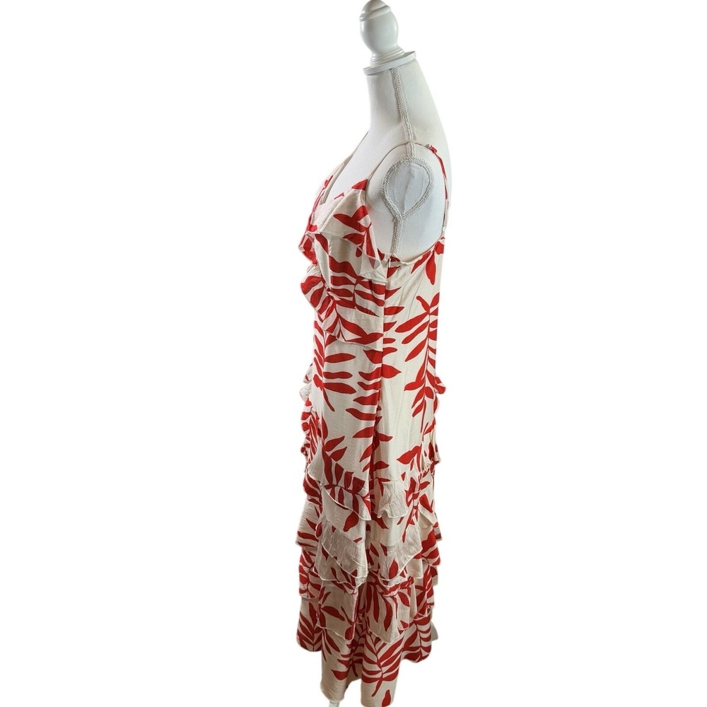 NWT Ember Women's Red & Cream Leaf Print Ruffle Sleeveless Sundress Size Large - Picture 2 of 12